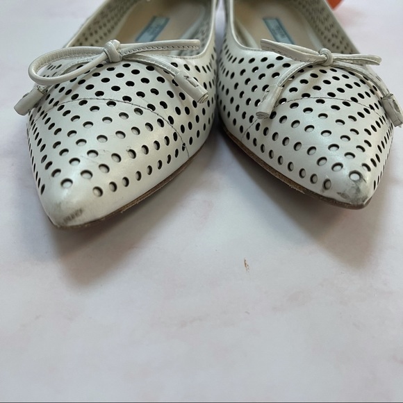 PRADA White Perforated Leather Bow Pointed Toe Ballet Flats 37 1/2 AUTHENTIC - Picture 6 of 8